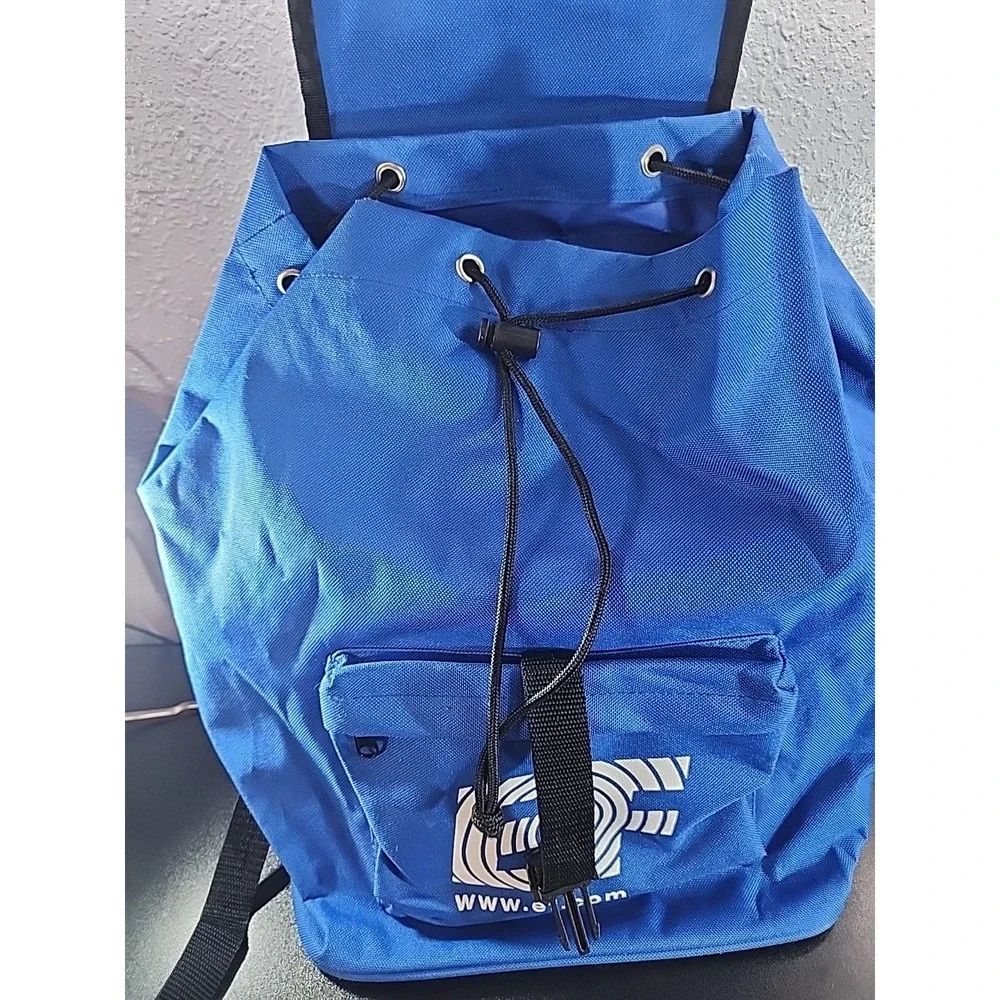 Education First Backpack Vintage Navy Blue Vinyl Drawstring Top Advertising‎